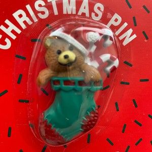 Vintage Hallmark Christmas Pin Ambassador NOS Teddy Bear in Stocking Cute